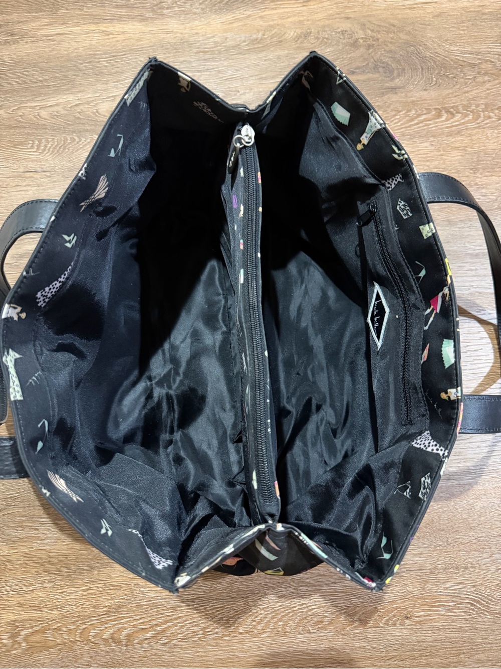 Nicole Miller New York Fashion Print Tote Bag Black Nylon Shoulder Handbag - Picture 7 of 11